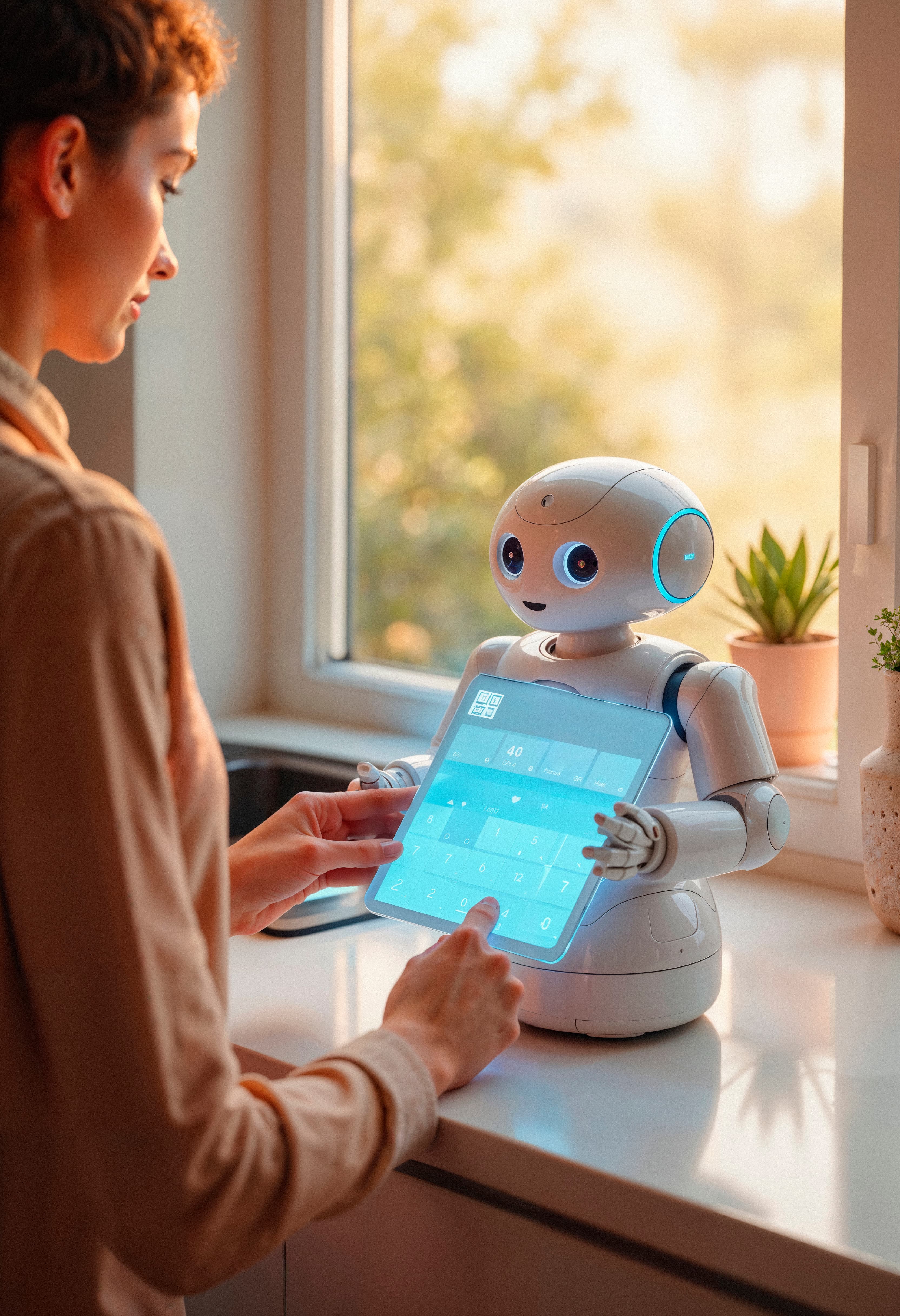 Woman interacting with a robot using a tablet in a smart home setting
